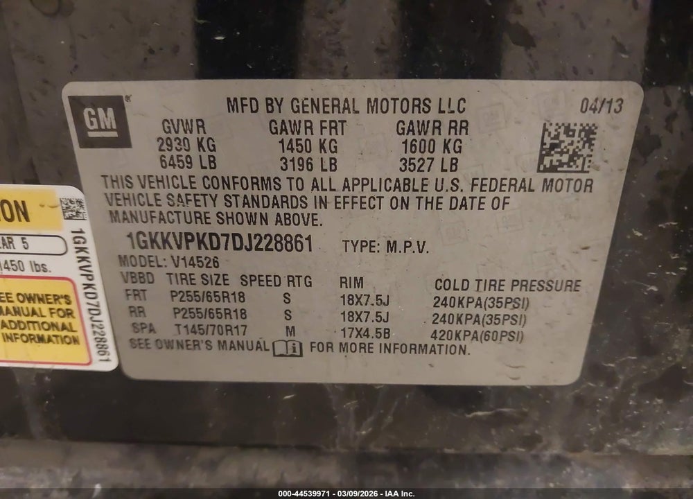2013 GMC ACADIA SLE-2 VIN: 1GKKVPKD7DJ228861