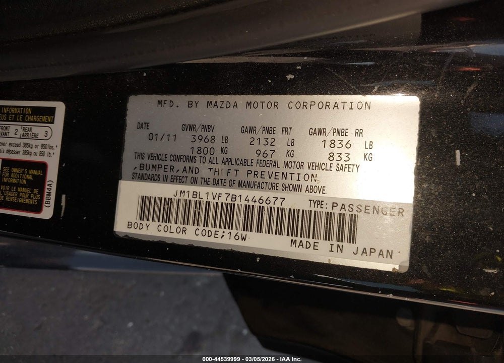 2011 MAZDA 3 I TOURING VIN: JM1BL1VF7B1446677