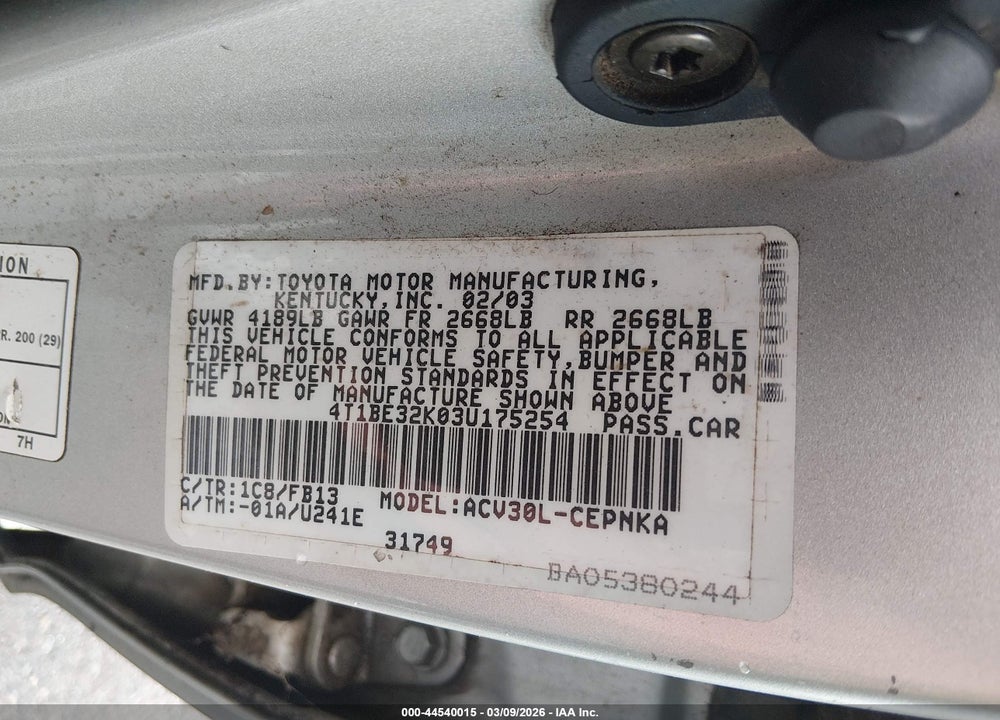 2003 TOYOTA CAMRY LE VIN: 4T1BE32K03U175254