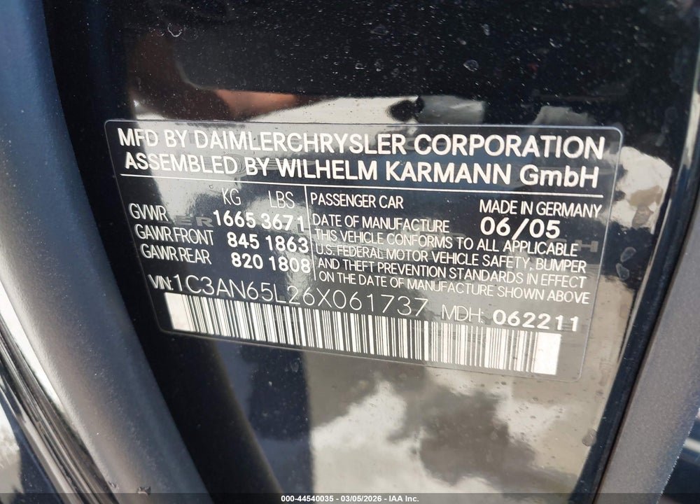 2006 CHRYSLER CROSSFIRE LIMITED VIN: 1C3AN65L26X061737