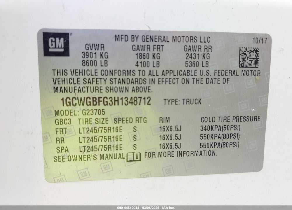 2017 CHEVROLET EXPRESS 2500 WORK VAN VIN: 1GCWGBFG3H1348712