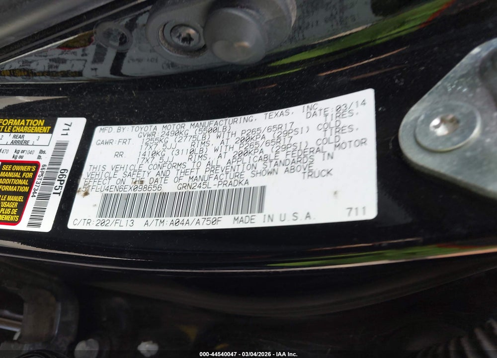 2014 TOYOTA TACOMA BASE V6 VIN: 5TFLU4EN6EX098656