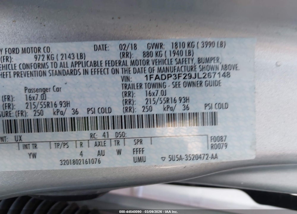 2018 FORD FOCUS SE VIN: 1FADP3F29JL267148