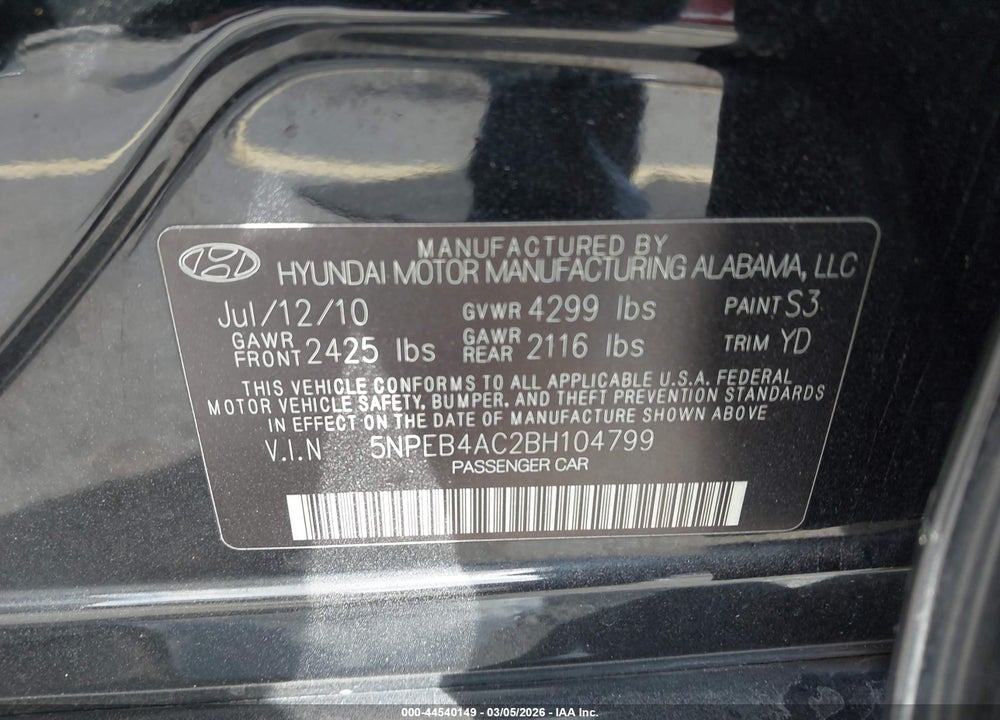 2011 HYUNDAI SONATA GLS VIN: 5NPEB4AC2BH104799