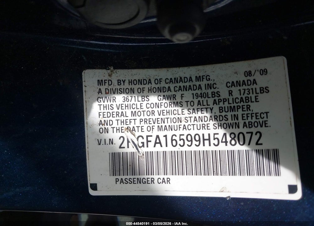 2009 HONDA CIVIC LX VIN: 2HGFA16599H548072