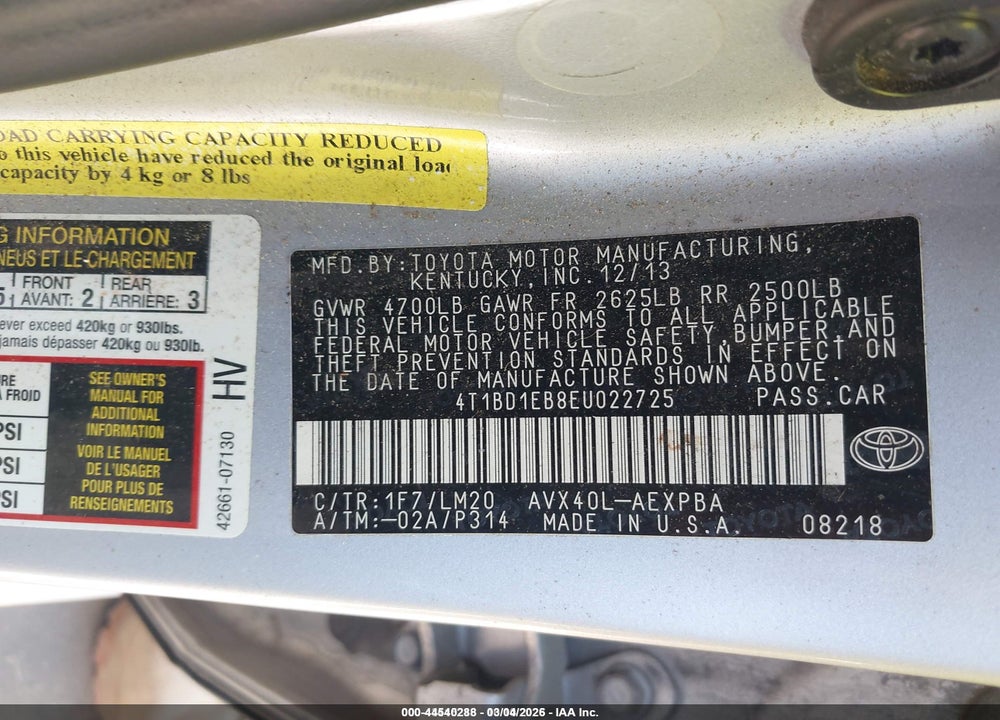 2014 TOYOTA AVALON HYBRID LIMITED VIN: 4T1BD1EB8EU022725