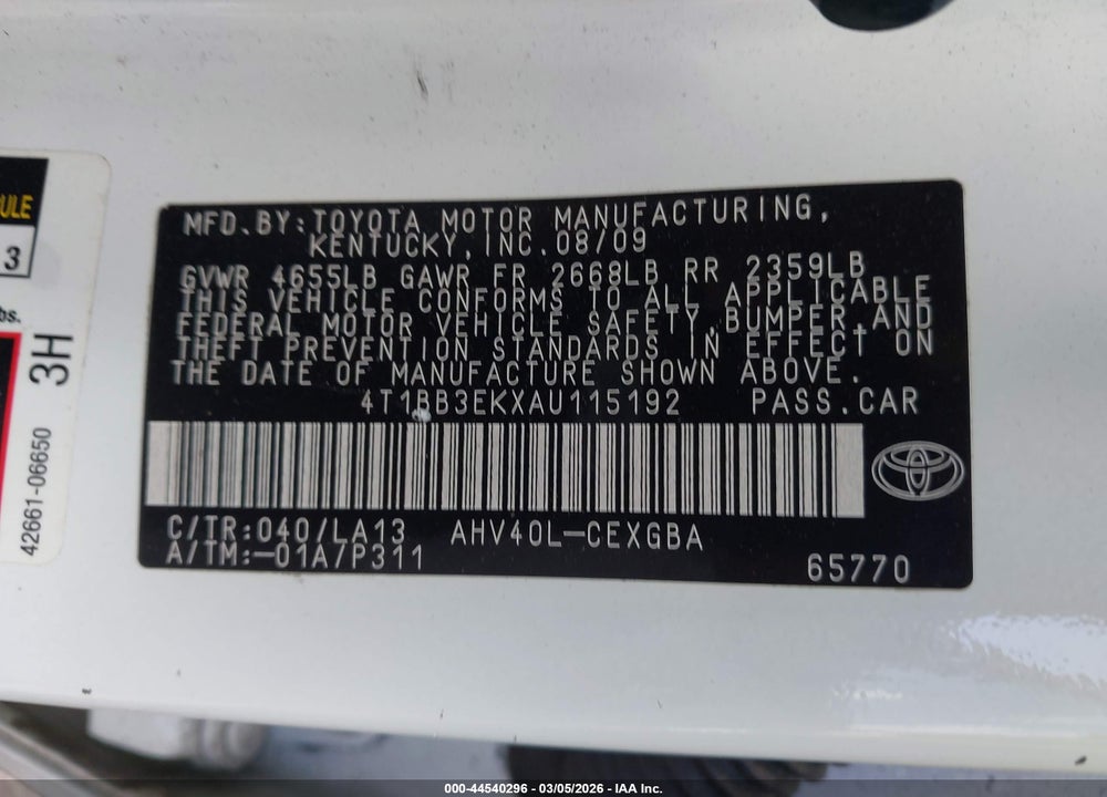 2010 TOYOTA CAMRY HYBRID VIN: 4T1BB3EKXAU115192