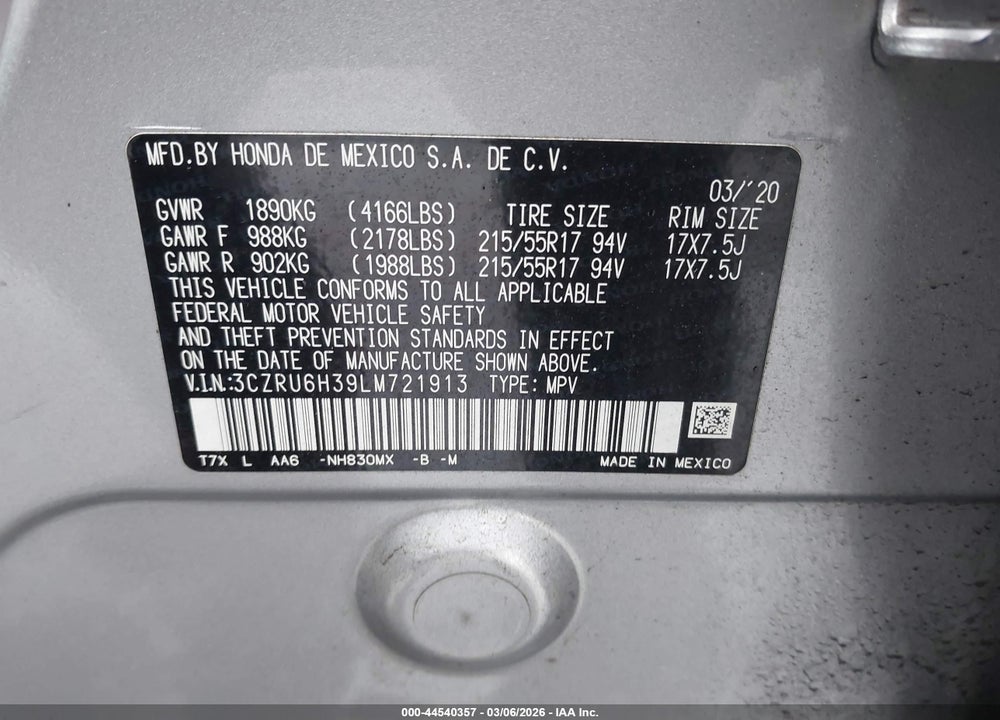 2020 HONDA HR-V AWD LX VIN: 3CZRU6H39LM721913