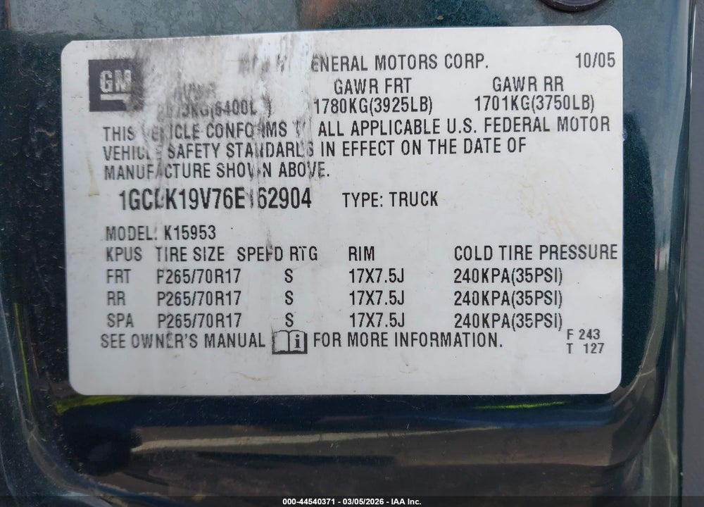 2006 CHEVROLET SILVERADO 1500 LT1 VIN: 1GCEK19V76E162904