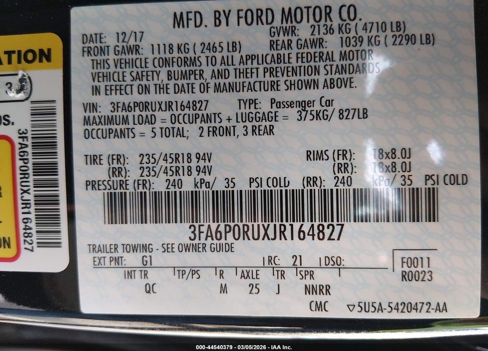 2018 FORD FUSION HYBRID PLATINUM VIN: 3FA6P0RUXJR164827