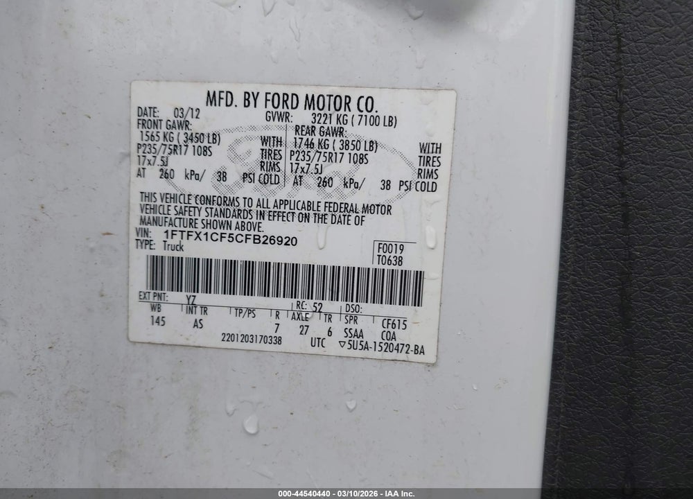 2012 FORD F-150 XL VIN: 1FTFX1CF5CFB26920