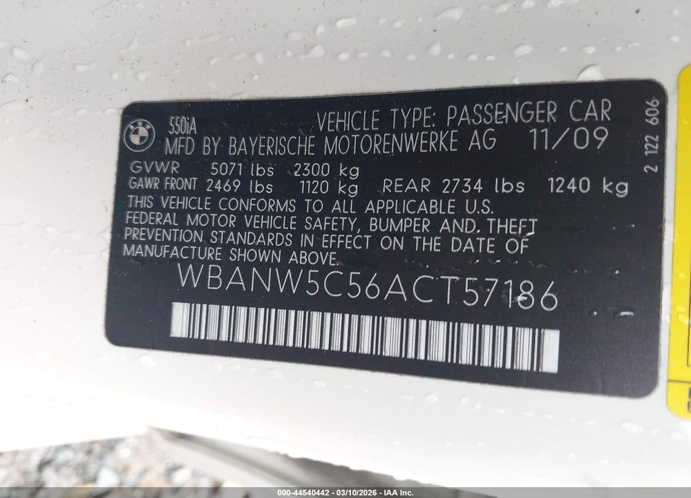 2010 BMW 550I VIN: WBANW5C56ACT57186
