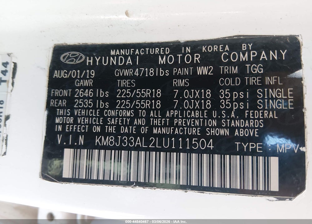 2020 HYUNDAI TUCSON SEL VIN: KM8J33AL2LU111504
