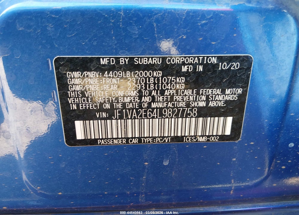 2020 SUBARU WRX STI VIN: JF1VA2E64L9827758