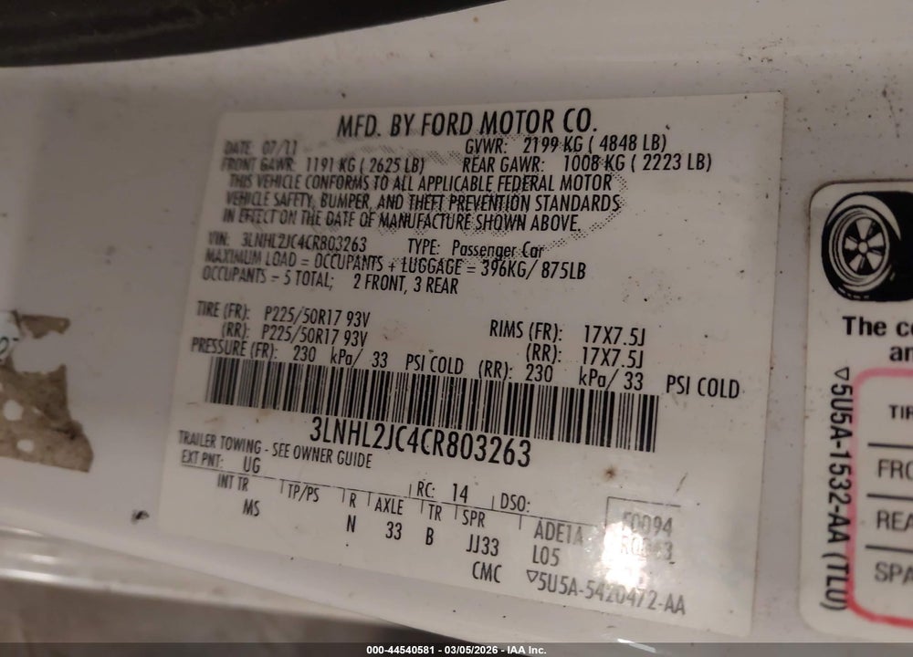 2012 LINCOLN MKZ VIN: 3LNHL2JC4CR803263