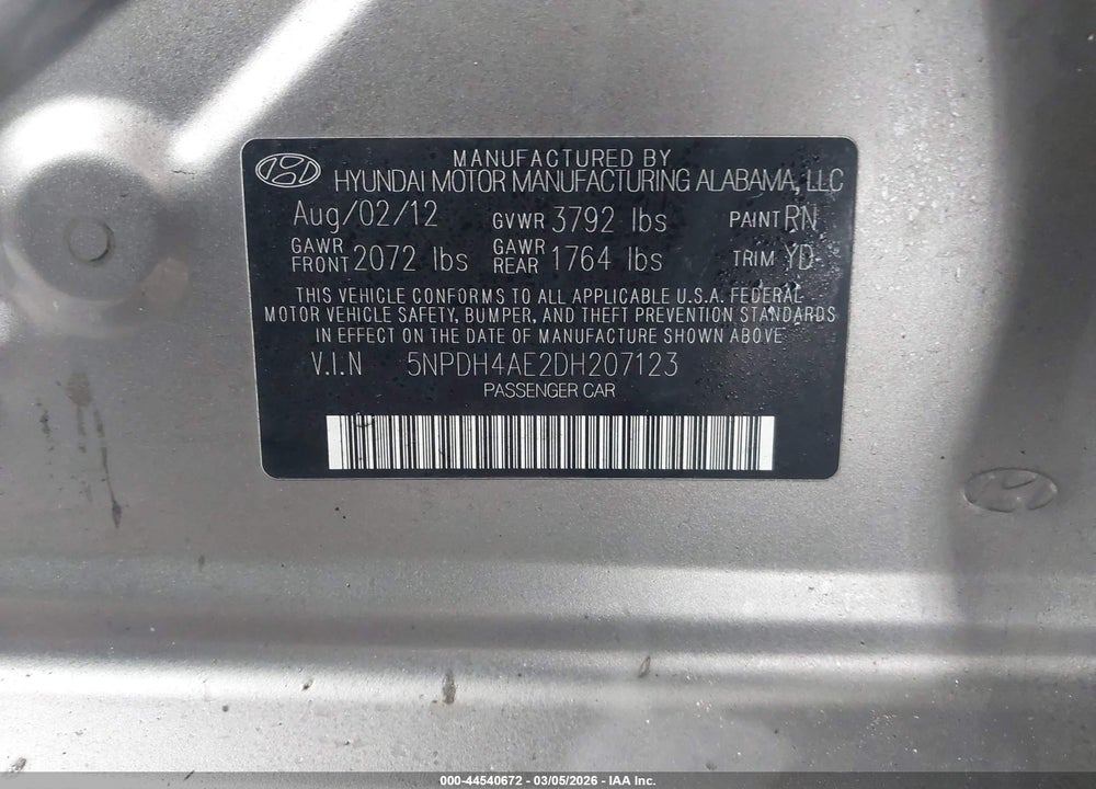 2013 HYUNDAI ELANTRA GLS/LIMITED VIN: 5NPDH4AE2DH207123