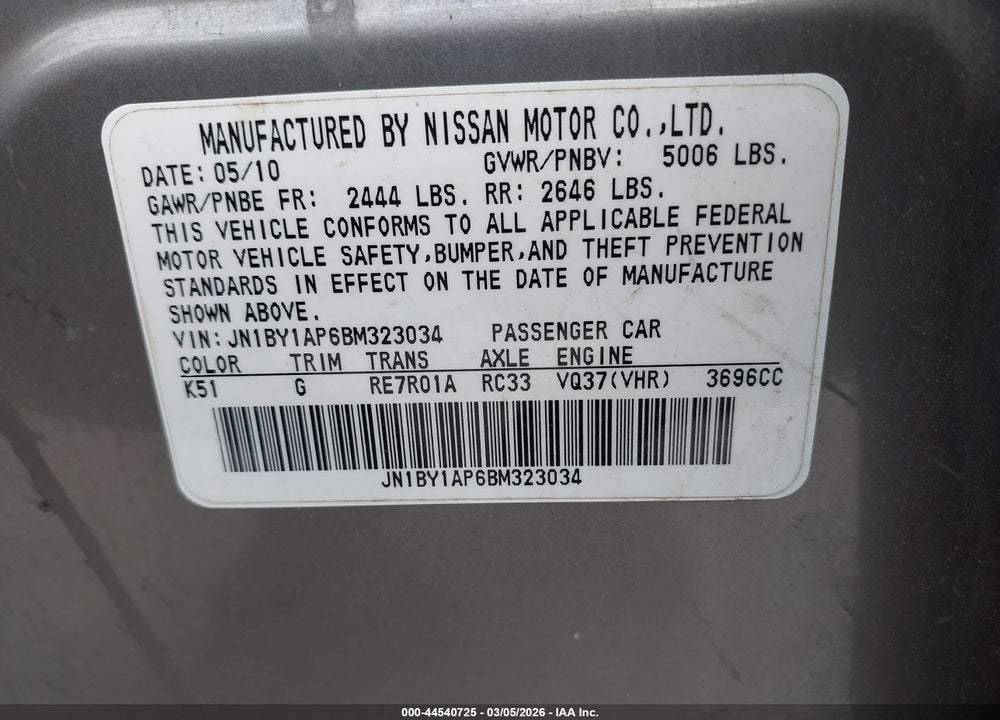 2011 INFINITI M37 VIN: JN1BY1AP6BM323034