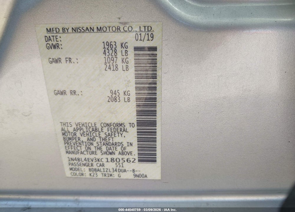 2019 NISSAN ALTIMA 2.5 SL VIN: 1N4BL4EV3KC180562