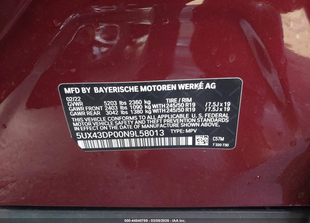 2022 BMW X3 SDRIVE30I VIN: 5UX43DP00N9L58013