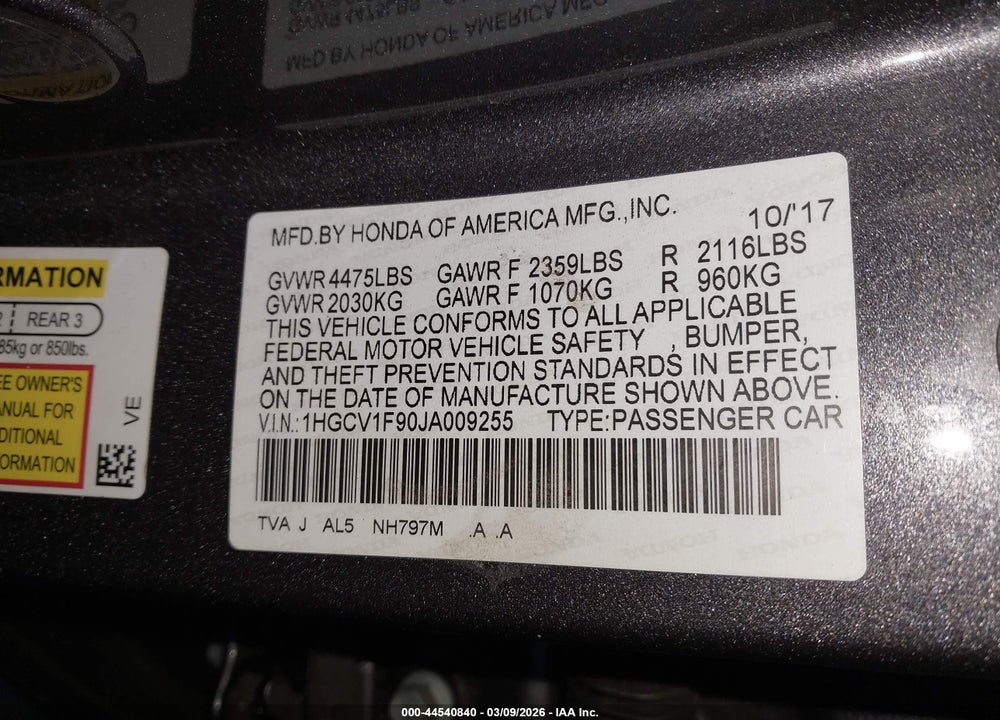 2018 HONDA ACCORD TOURING VIN: 1HGCV1F90JA009255
