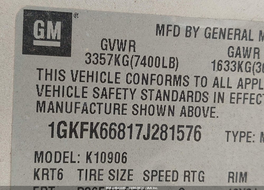 2007 GMC YUKON XL 1500 DENALI VIN: 1GKFK66817J281576