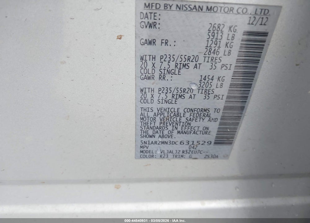 2013 NISSAN PATHFINDER PLATINUM VIN: 5N1AR2MN3DC631529