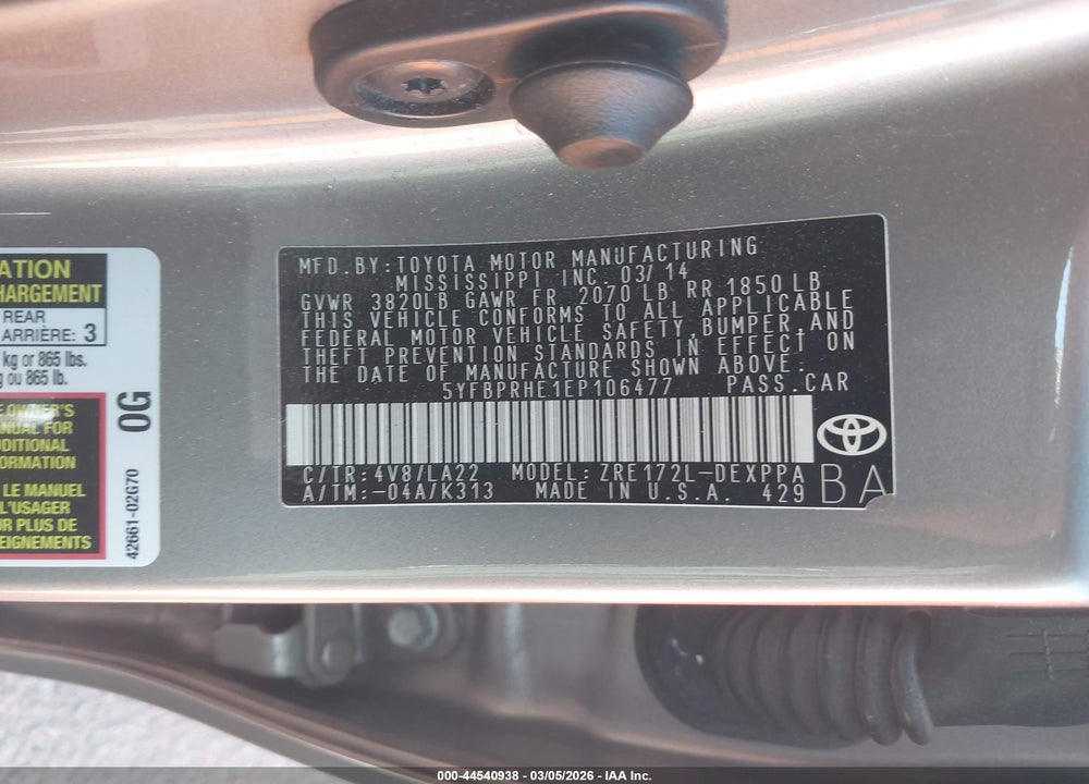 2014 TOYOTA COROLLA LE ECO PREMIUM VIN: 5YFBPRHE1EP106477
