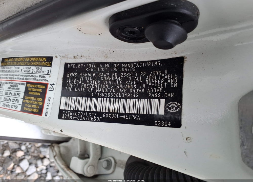 2008 TOYOTA AVALON LIMITED VIN: 4T1BK36B88U319143