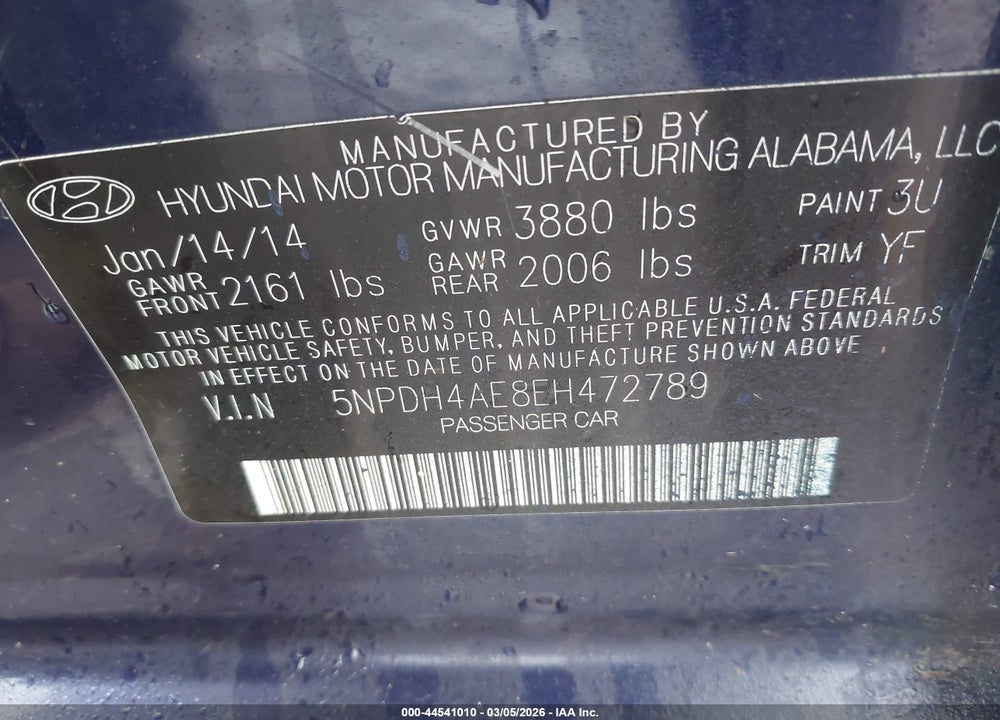 2014 HYUNDAI ELANTRA SE VIN: 5NPDH4AE8EH472789