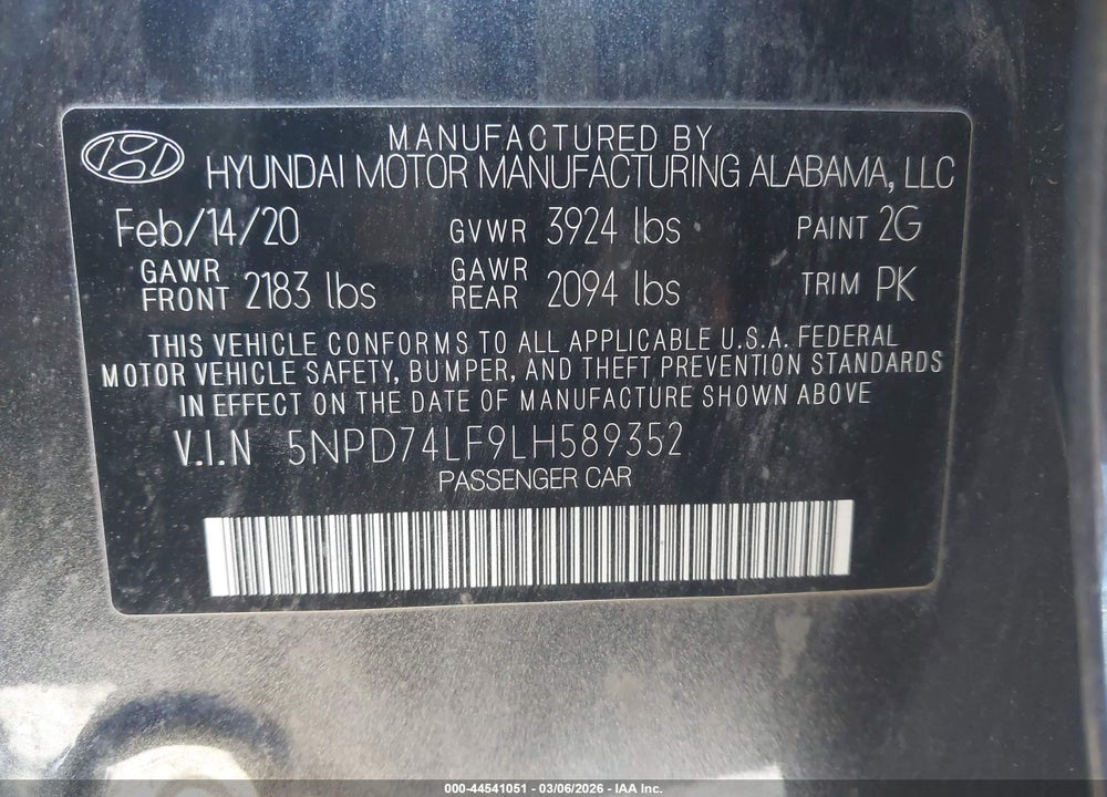 2020 HYUNDAI ELANTRA SE VIN: 5NPD74LF9LH589352