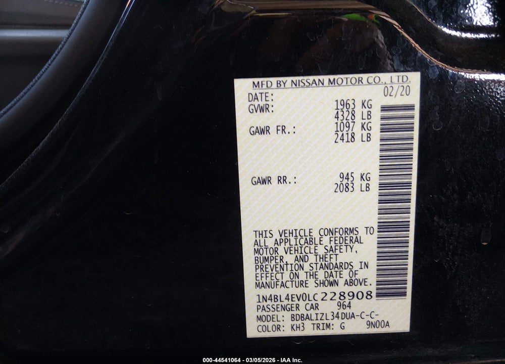 2020 NISSAN ALTIMA SL FWD VIN: 1N4BL4EV0LC228908