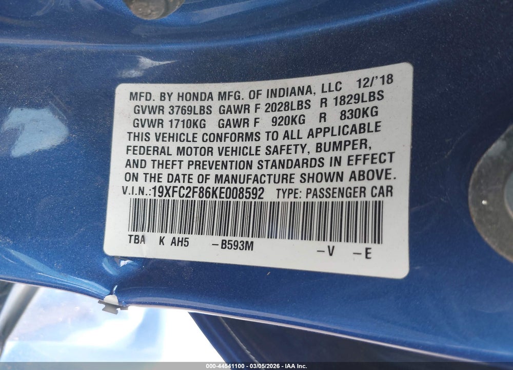 2019 HONDA CIVIC VIN: 19XFC2F86KE008592