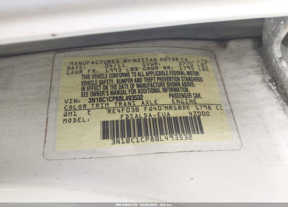 2011 NISSAN VERSA 1.8S VIN: 3N1BC1CP8BL493532
