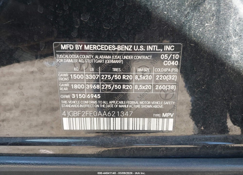 2010 MERCEDES-BENZ GL 350 BLUETEC 4MATIC VIN: 4JGBF2FE0AA621347