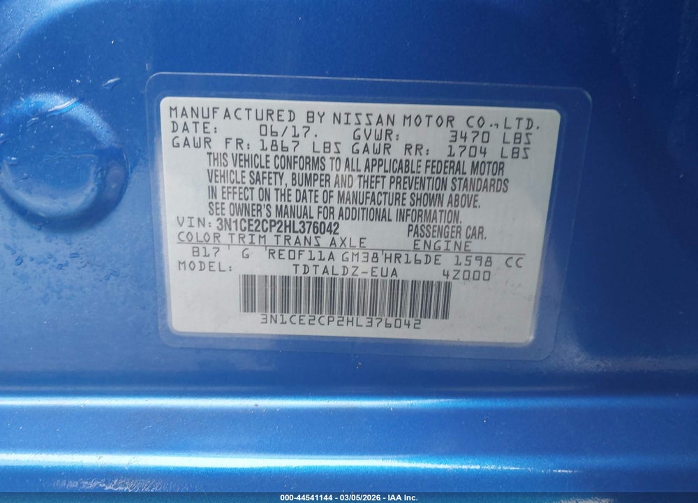 2017 NISSAN VERSA NOTE SV VIN: 3N1CE2CP2HL376042