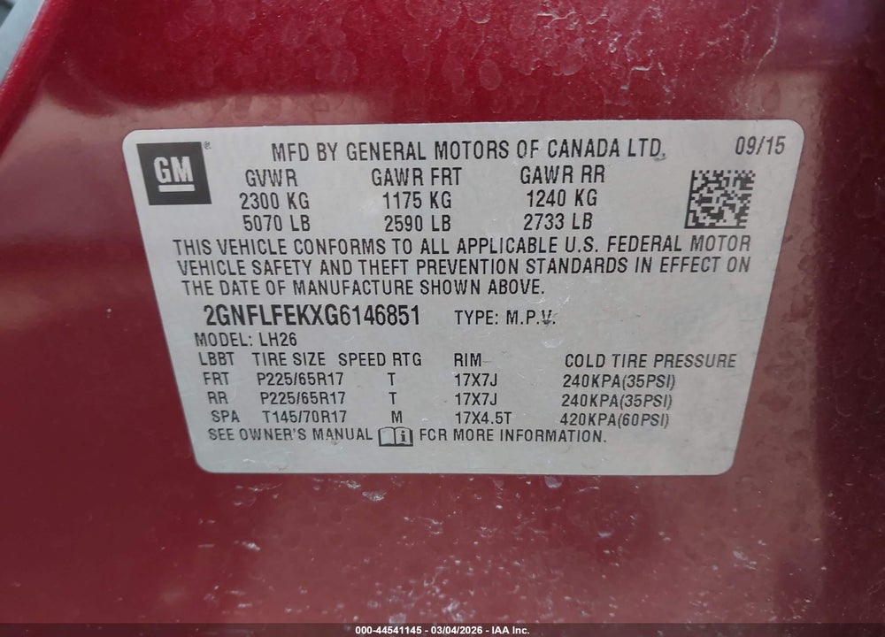 2016 CHEVROLET EQUINOX LT VIN: 2GNFLFEKXG6146851