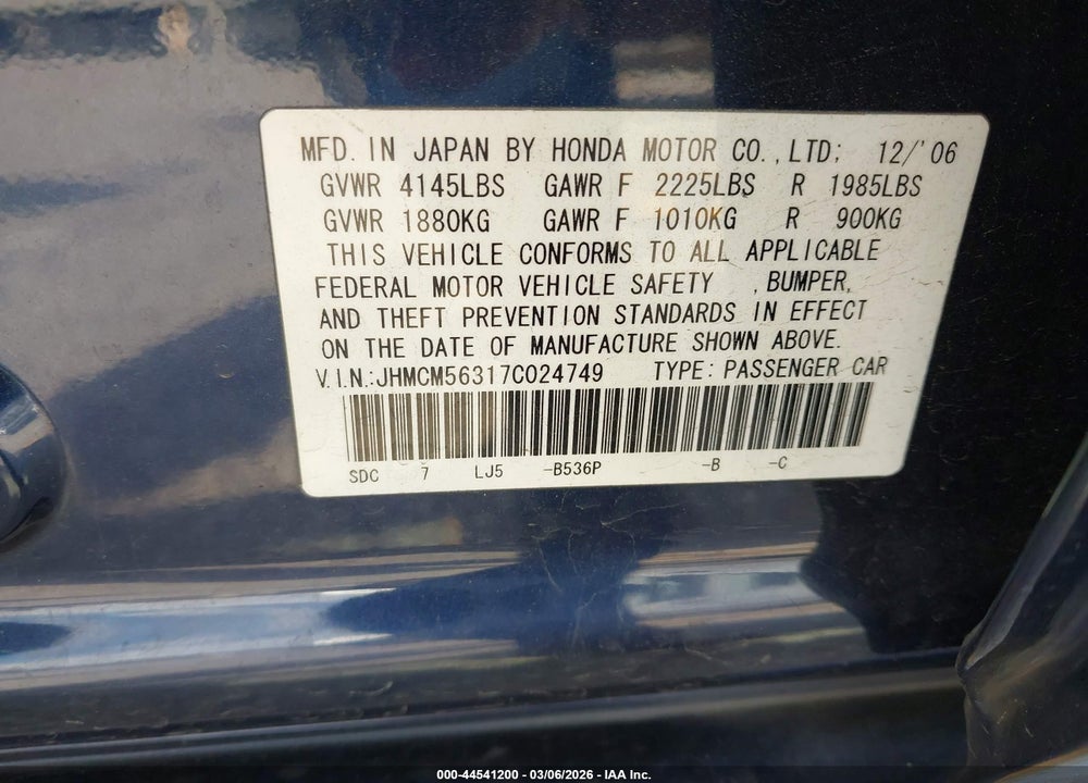 2007 HONDA ACCORD 2.4 SE VIN: JHMCM56317C024749