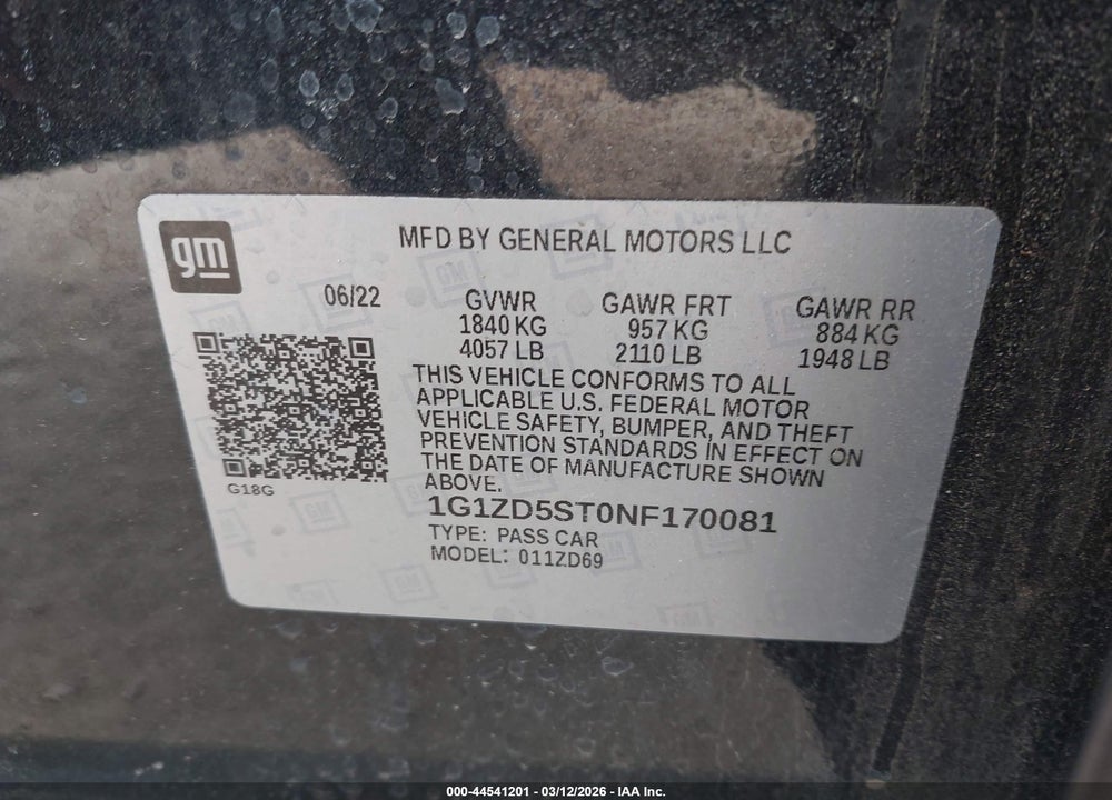 2022 CHEVROLET MALIBU FWD LT VIN: 1G1ZD5ST0NF170081