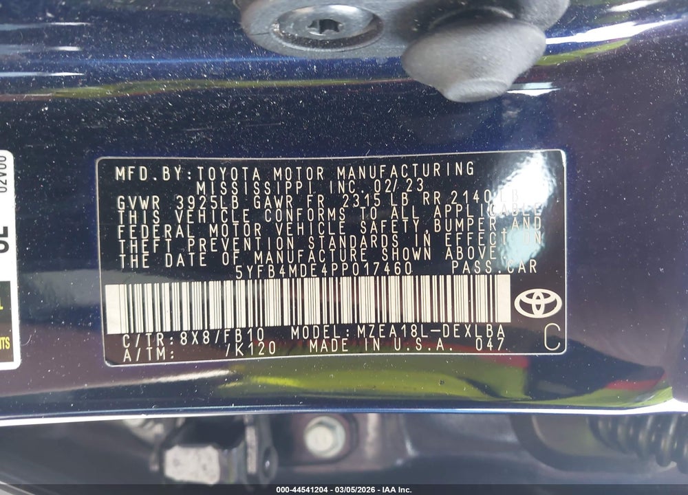 2023 TOYOTA COROLLA LE VIN: 5YFB4MDE4PP017460