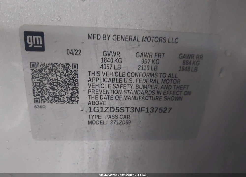 2022 CHEVROLET MALIBU FWD LT VIN: 1G1ZD5ST3NF137527