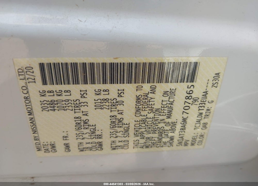 2021 NISSAN ROGUE SV FWD VIN: 5N1AT3BA6MC707865