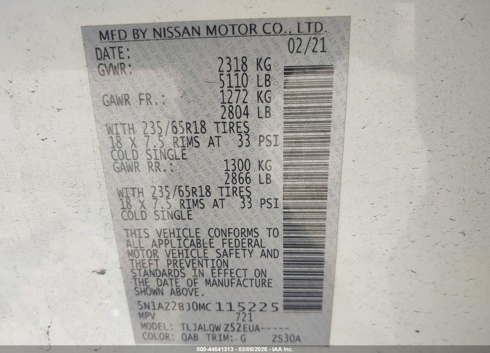 2021 NISSAN MURANO SV FWD VIN: 5N1AZ2BJ0MC115225