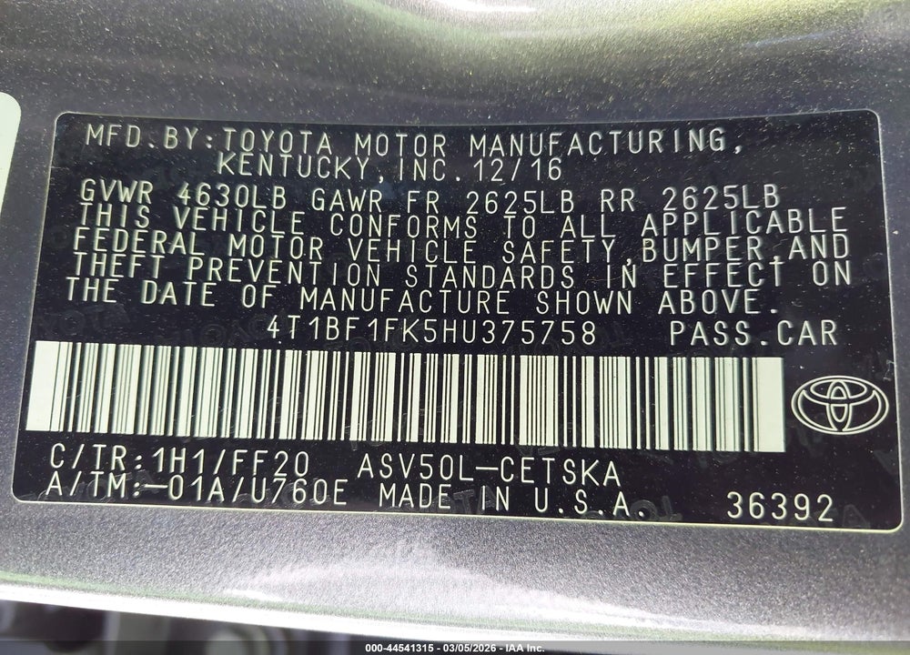 2017 TOYOTA CAMRY SE VIN: 4T1BF1FK5HU375758