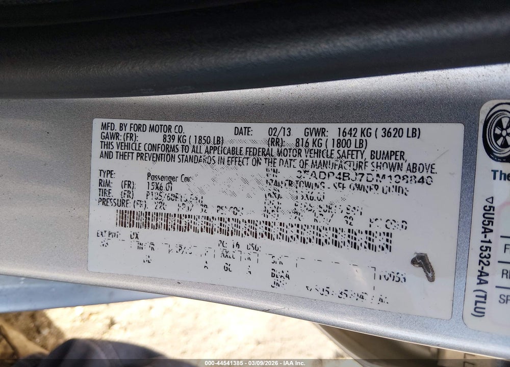 2013 FORD FIESTA SE VIN: 3FADP4BJ7DM198840