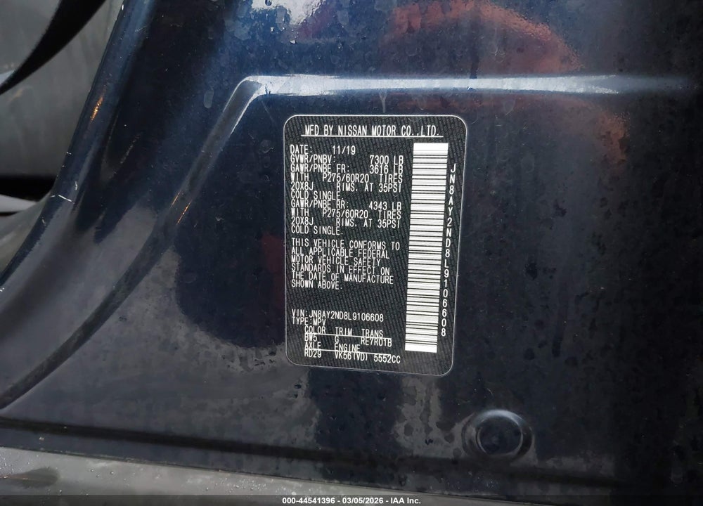 2020 NISSAN ARMADA SL 2WD VIN: JN8AY2ND8L9106608