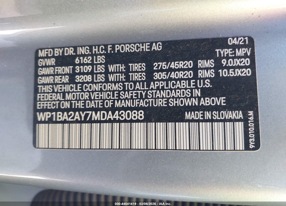 2021 PORSCHE CAYENNE COUPE VIN: WP1BA2AY7MDA43088