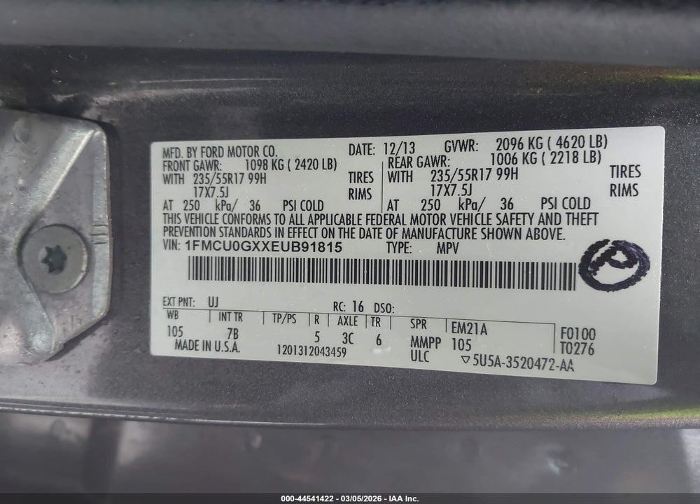 2014 FORD ESCAPE SE VIN: 1FMCU0GXXEUB91815