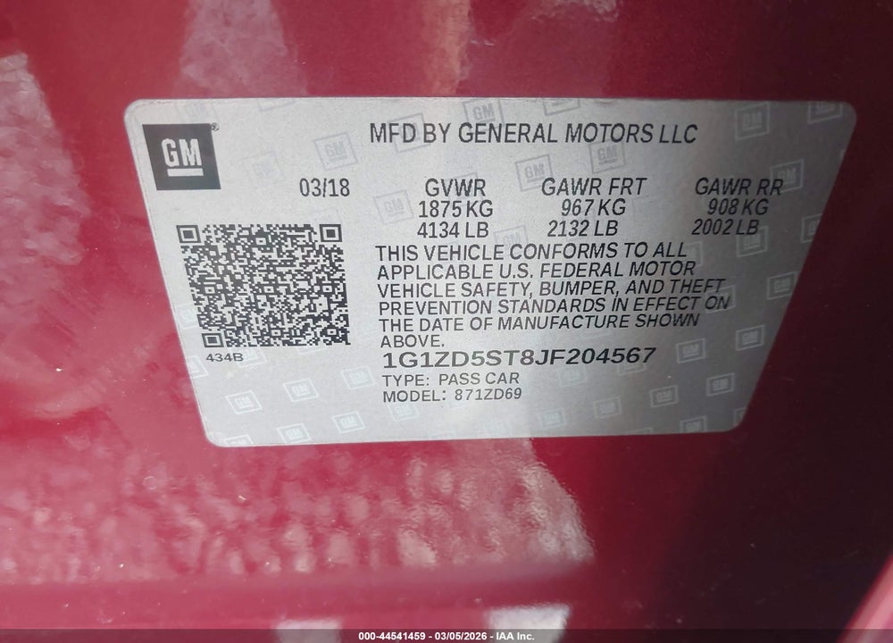 2018 CHEVROLET MALIBU LT VIN: 1G1ZD5ST8JF204567