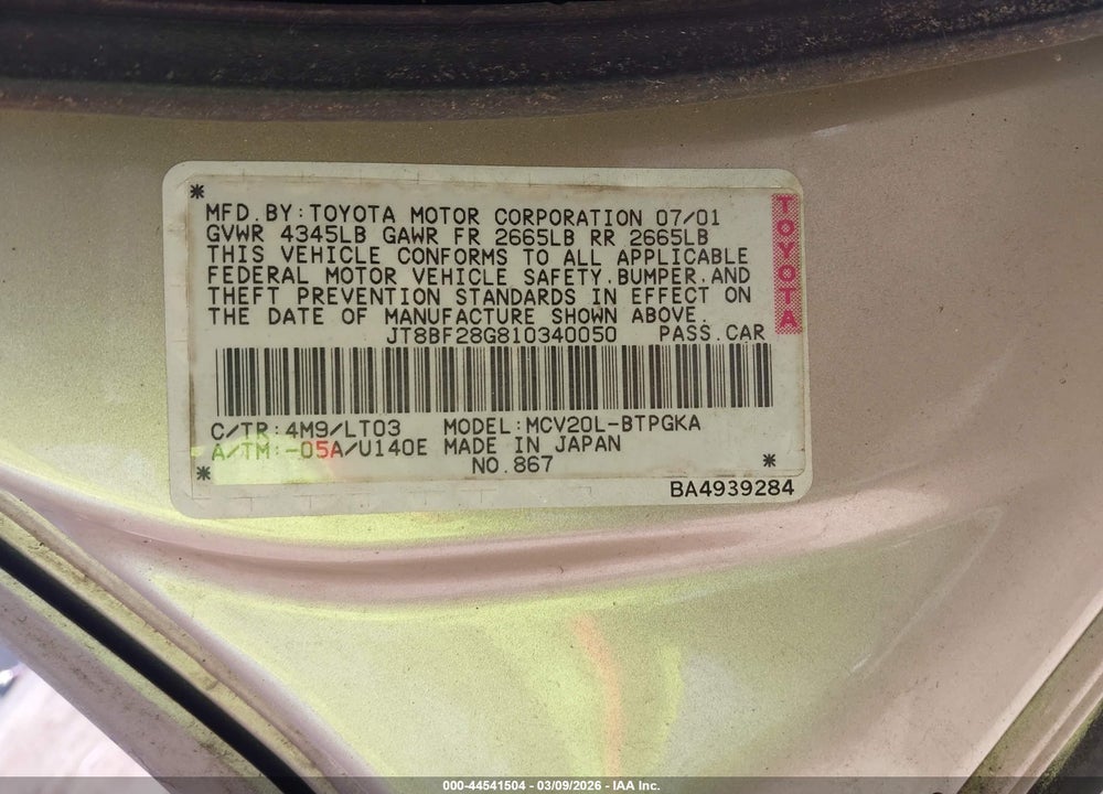 2001 LEXUS ES 300 VIN: JT8BF28G810340050