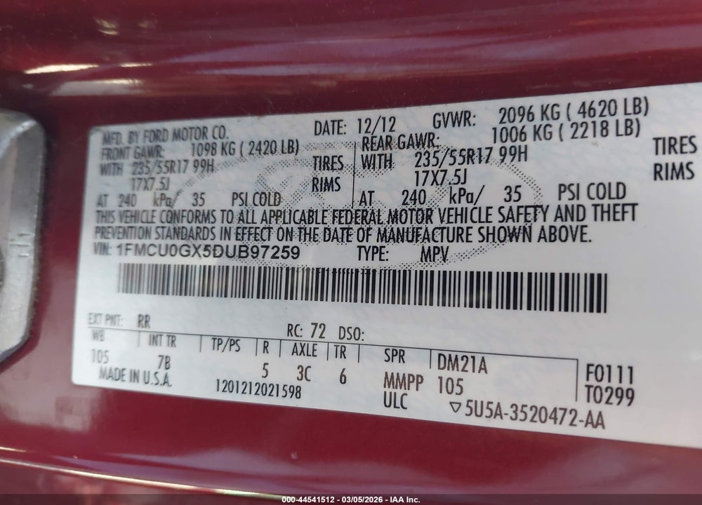 2013 FORD ESCAPE SE VIN: 1FMCU0GX5DUB97259